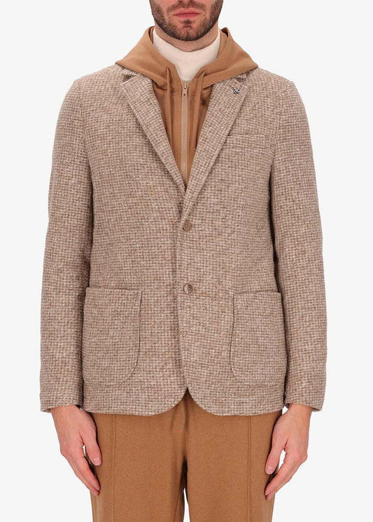 Distretto12 Jacket Giona in Dove grey with camel hood.