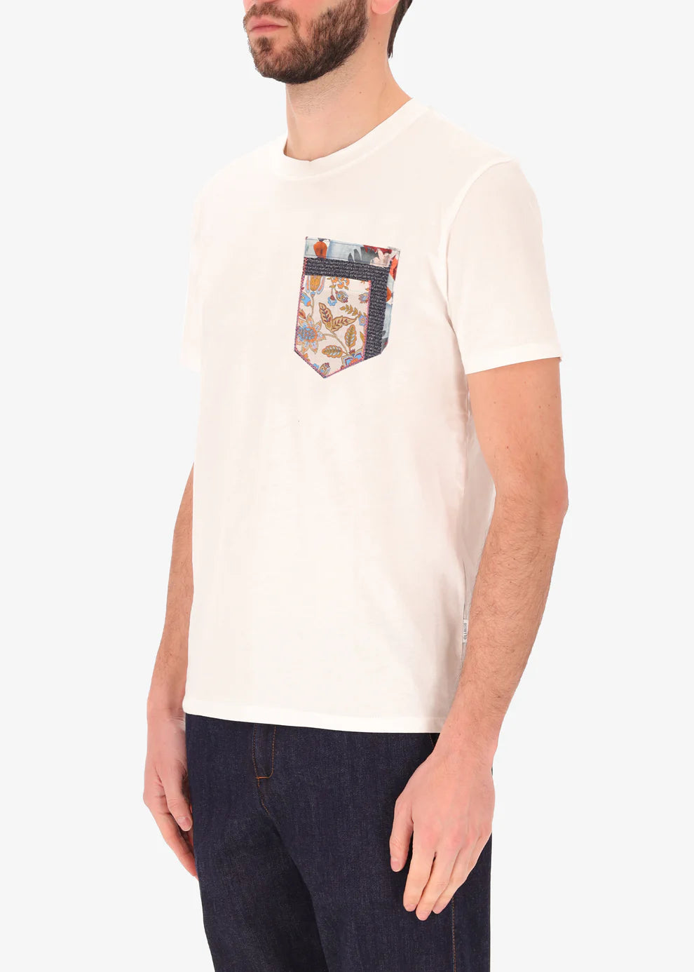 An image of a model wearing a pocket design cotton t shirt from Distretto 12.