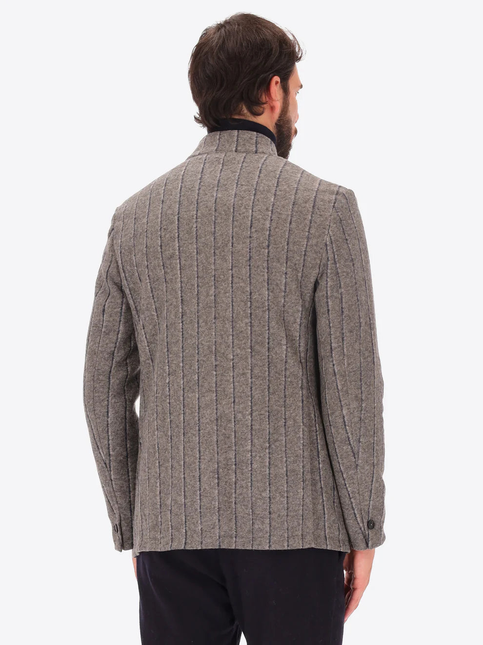 Back facing image of male model wearing wool blend striped grey coreana style jacket by distretto12
