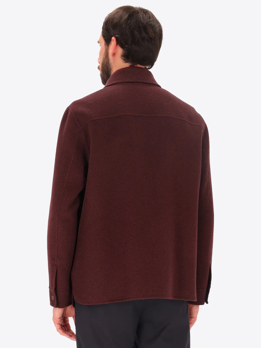 Male model wearing maroon collared coat by distretto12 with back view