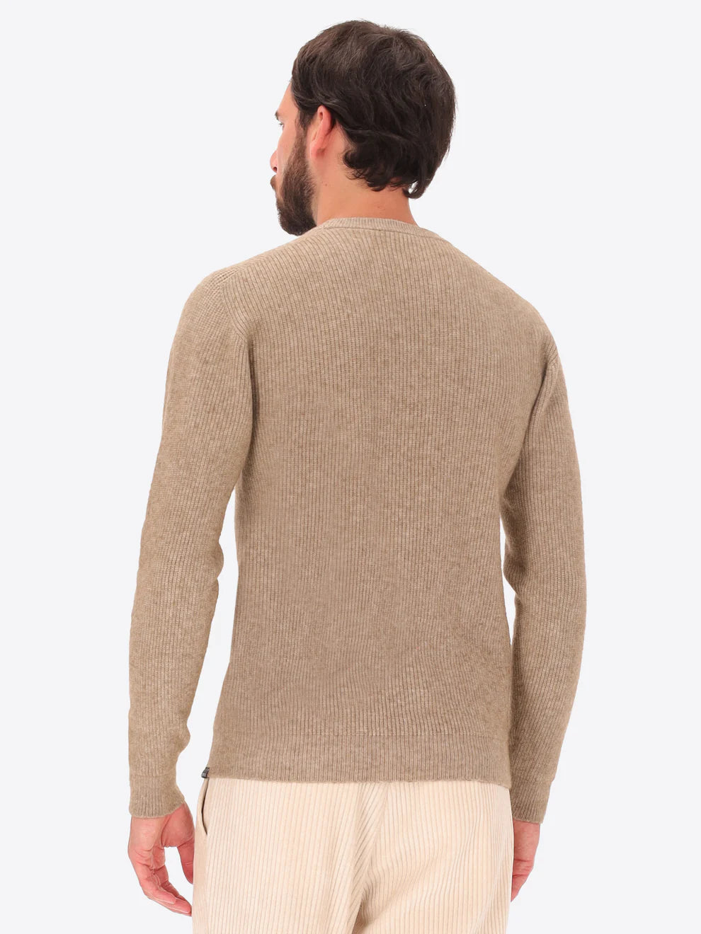 Male model wearing ribbed crew neck knitwear by distretto12 in dove grey with back view