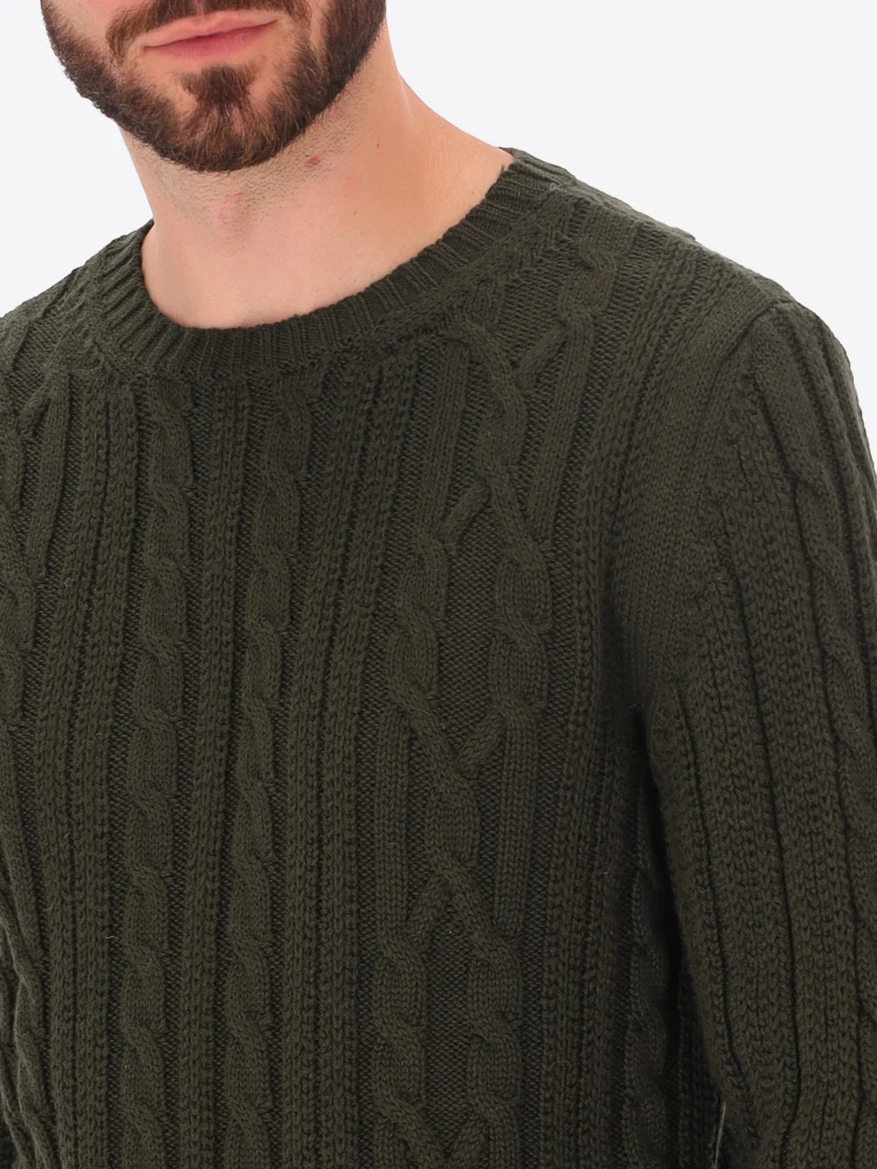 Male model wearing crewneck knitwear by distretto12 in dark green with detail on pattern