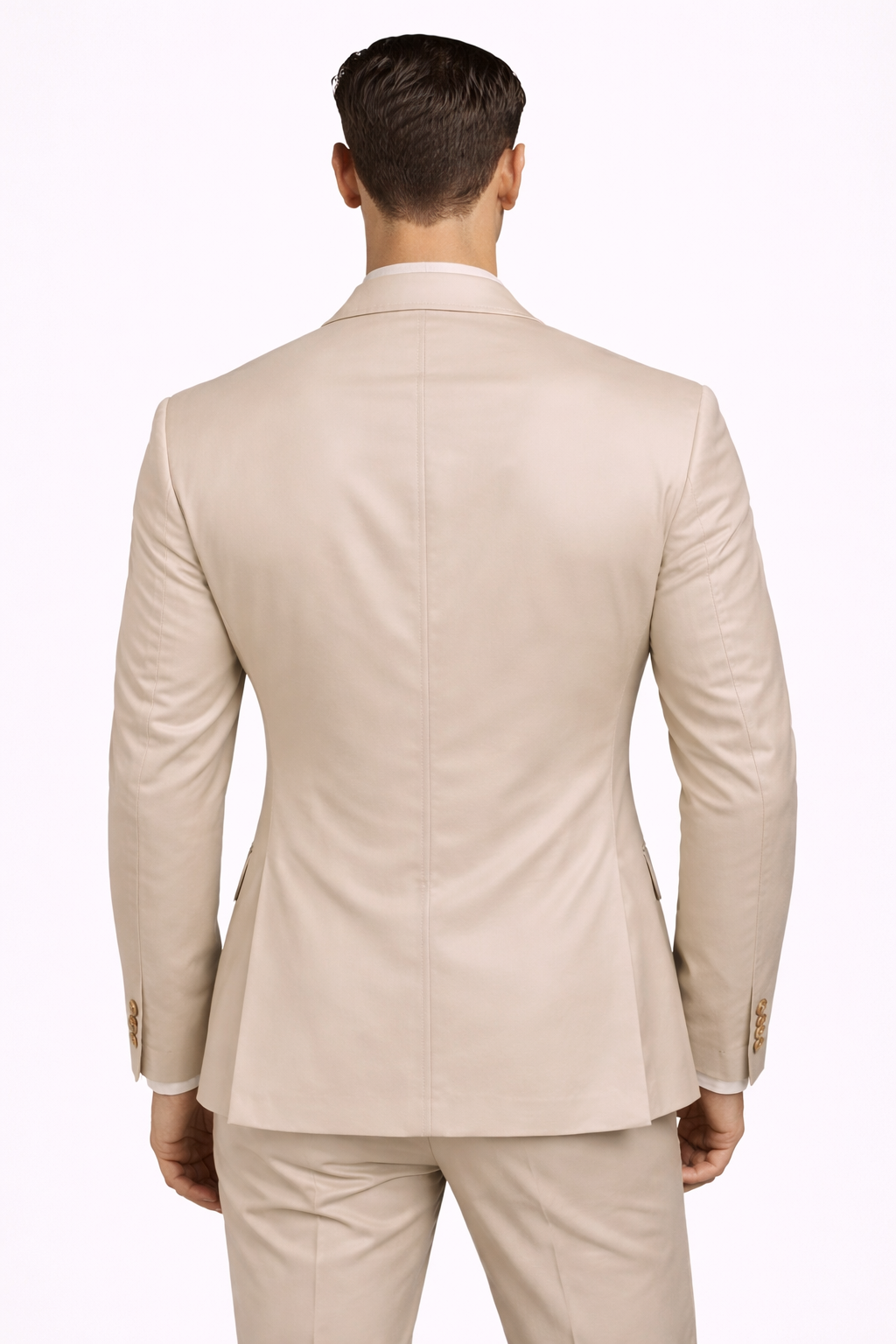 A model wearing a cream cotton suit from RPL from behind