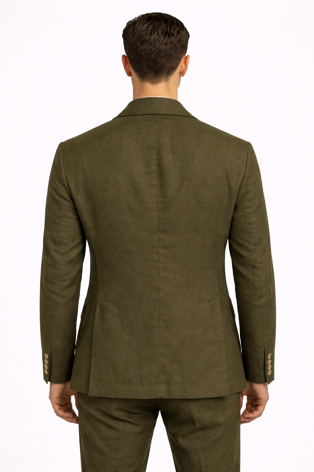 A from behind image of a model wearing a linen blend double breasted suit from RPL in green