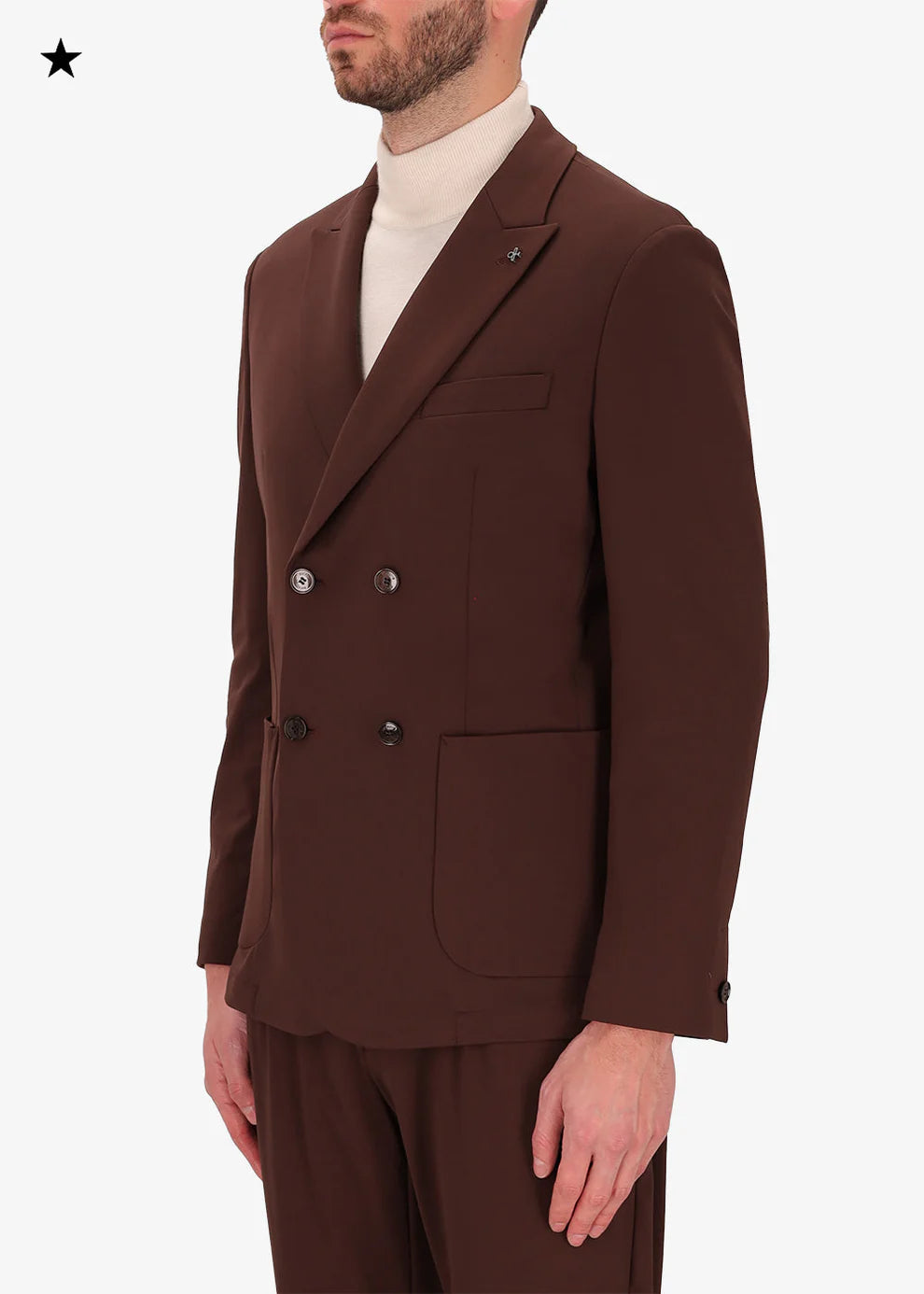 A side on image of a model wearing double breasted jacket High Performance in brown from Distretto 12.
