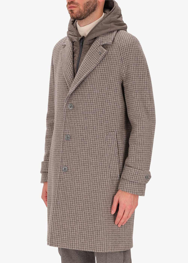 Distretto 12 coat GIanduia in dove grey with chocolate hood.