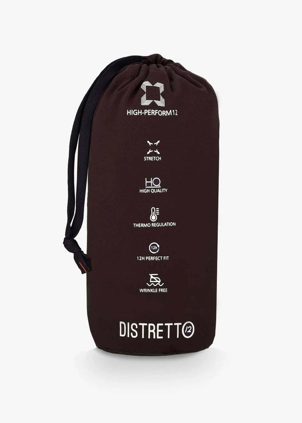An image of 32" york trousers High Performance in brown from Distretto 12 folded in it's bag.