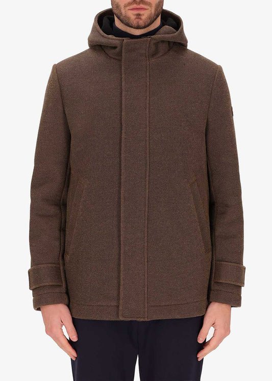 Distretto12 Hooded cruise coat in brown.