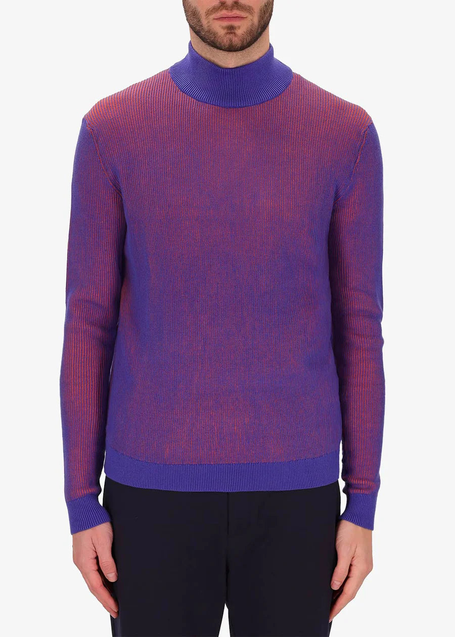 Distretto 12 ribbed crewneck sweater in magenta with blue tones, in cotton blend.