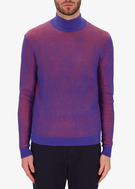 Distretto 12 ribbed crewneck sweater in magenta with blue tones, in cotton blend.