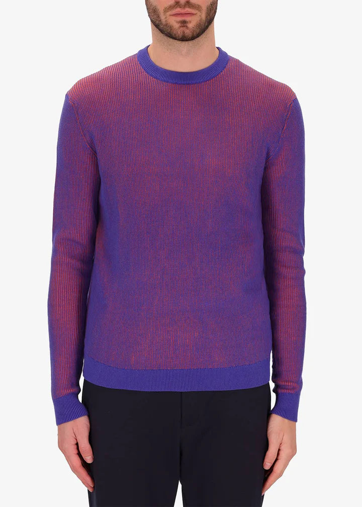 Distretto12 crewneck sweater blue with magenta & ribbed detail.