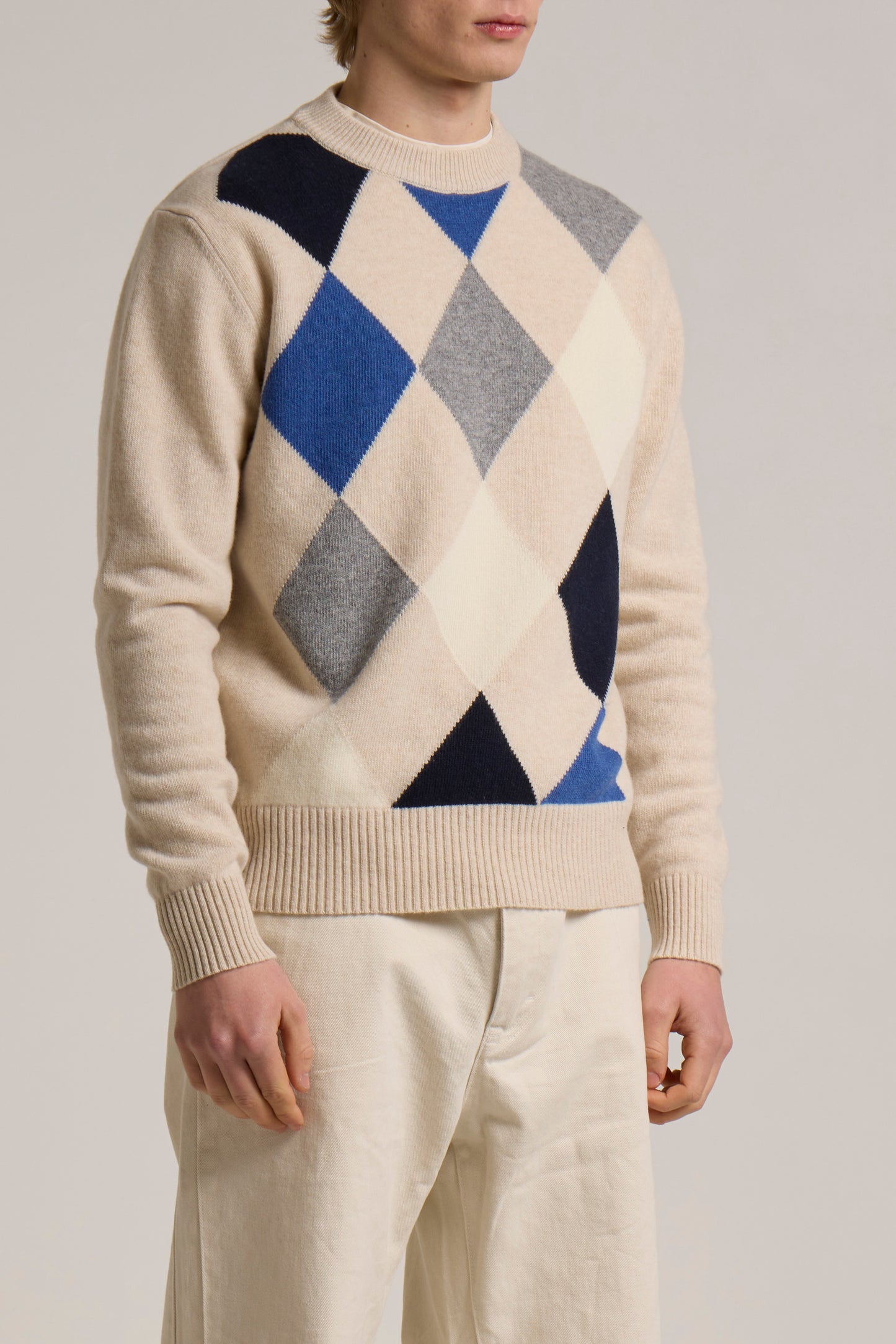 WOOL&CO - CASHMERE & EXTRAFINE VIRGIN MERINO DIAMOND CREW NECK SWEATER