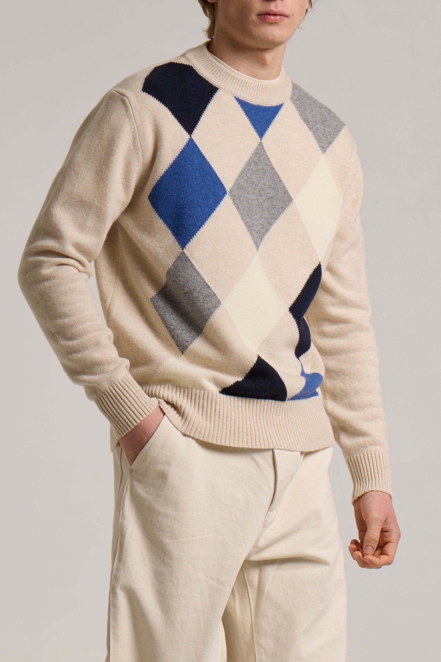 WOOL&CO - CASHMERE & EXTRAFINE VIRGIN MERINO DIAMOND CREW NECK SWEATER