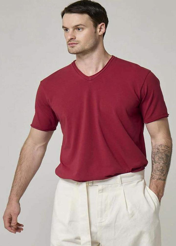 A Wool&Co, V-neck Cotton stretch T-shirt in Red.