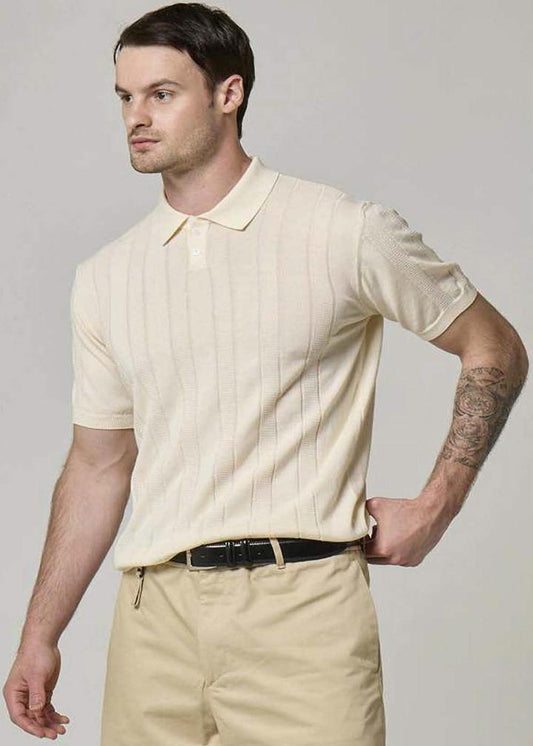 A Wool&Co cream polo shirt with ribbed stripes.