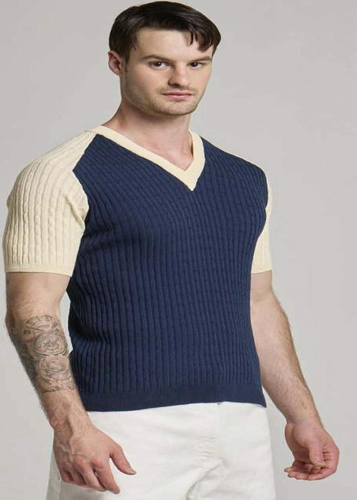 An image of a model wearing a short sleeve V-neck, Wool&Co t-shirt in blue & cream.