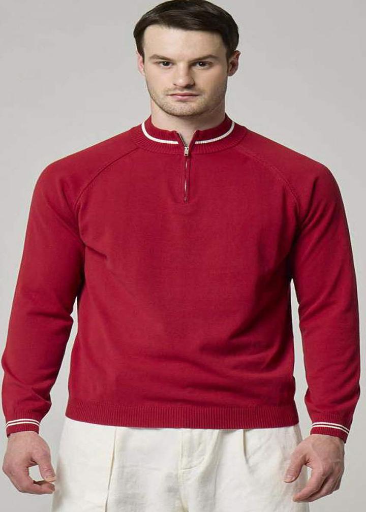A model wearing Wool&Co red half zip cardigan in cotton.