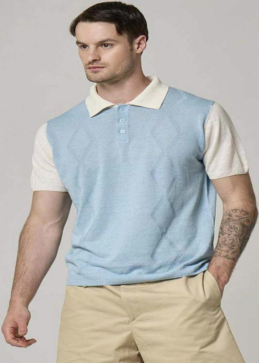 A picture of a model wearing a sky blue, Wool&Co polo with white sleeves.