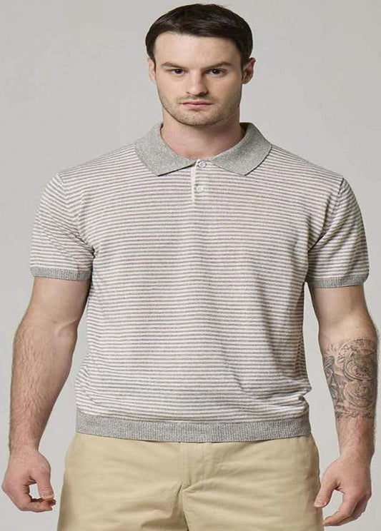 A picture of a model wearing a striped Wool&Co polo in grey & white.