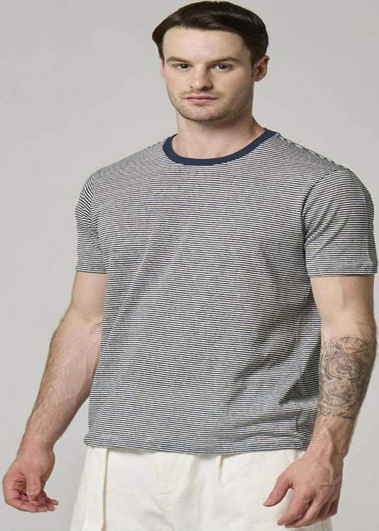 A picture of a model wearing a cotton - linen blend striped t shirt in blue & white