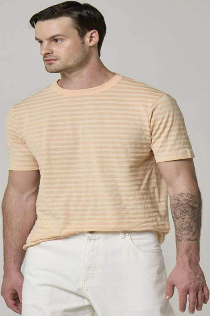 An image of model wearing a striped Cotton crepe, Wool&Co t-shirt.