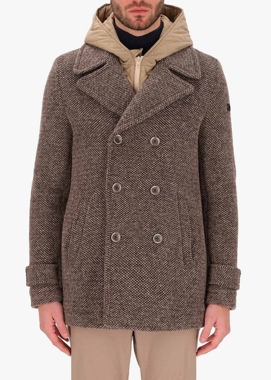 An image of a model wearing Distretto12 peacoat Blasius in Dove Grey, with a Dove Grey hood.