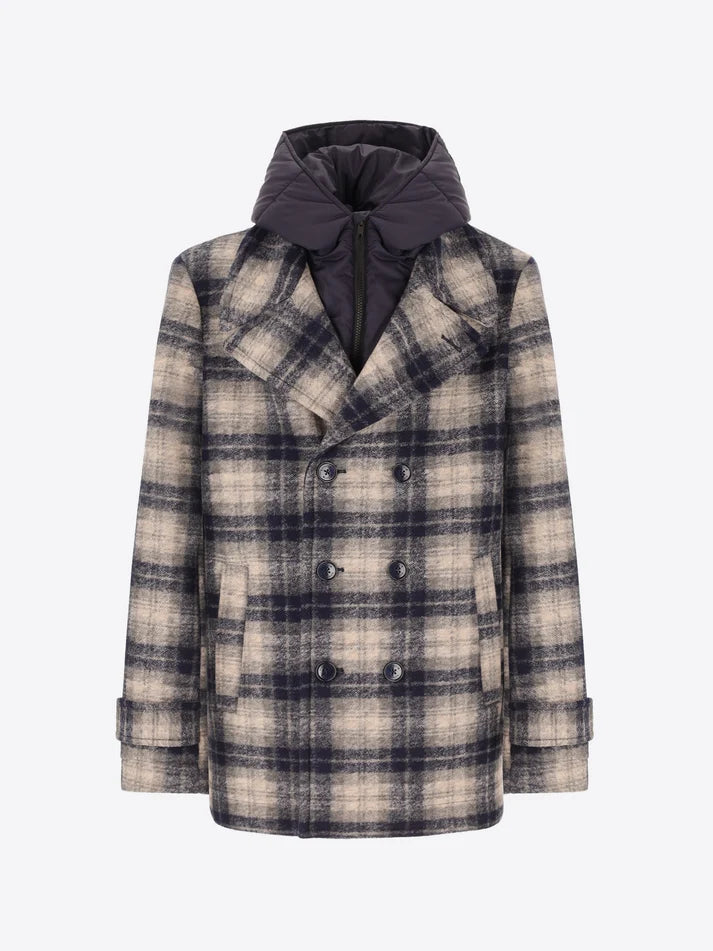 DISTRETTO 12 - BOILED WOOL PEACOAT CAMBRIDGE WITH SCOTTISH CHECK PATTERN AND DETACHABLE HOOD