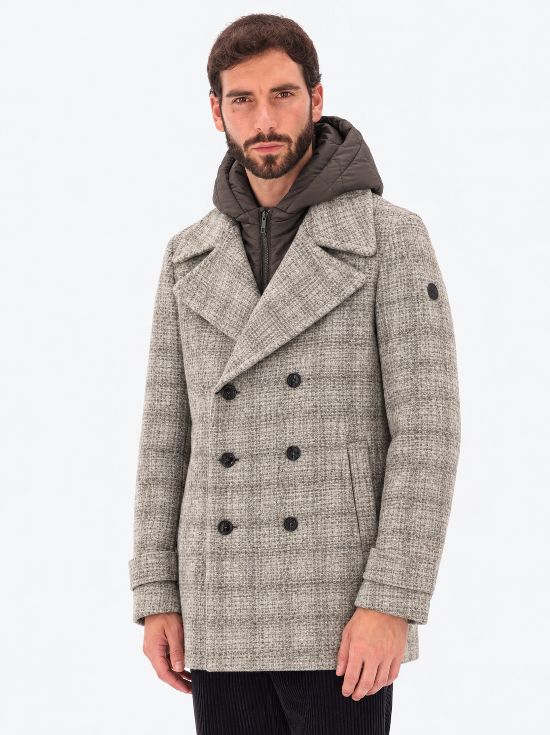 DISTRETTO 12 - BOILED WOOL PEACOAT LEEDS WITH TARTAN PATTERN & DETACHABLE HOOD