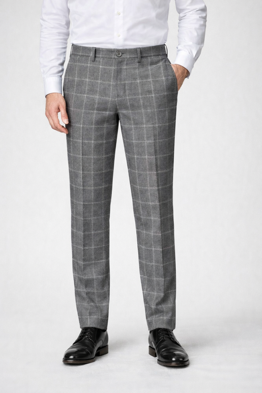 A model wearing Germano 1952 grey trousers with check pattern 