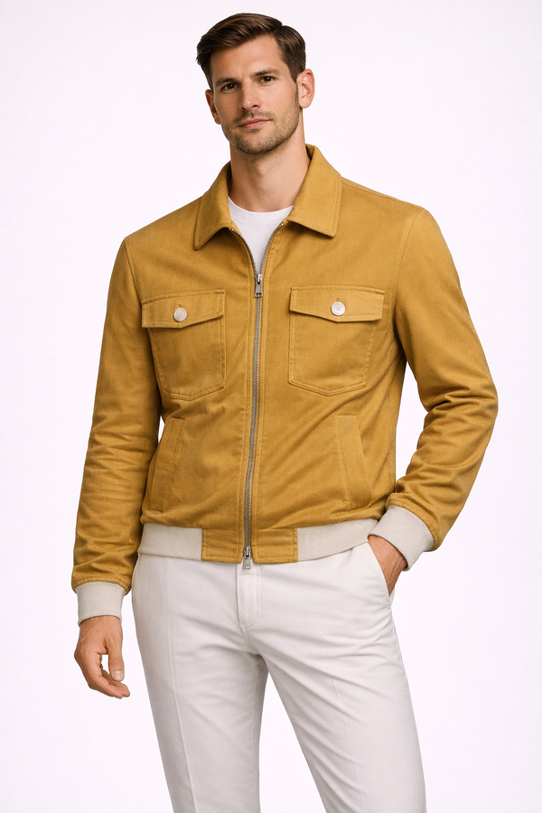 A model wearing an aviator jacket with zipper in mustard from RPL 