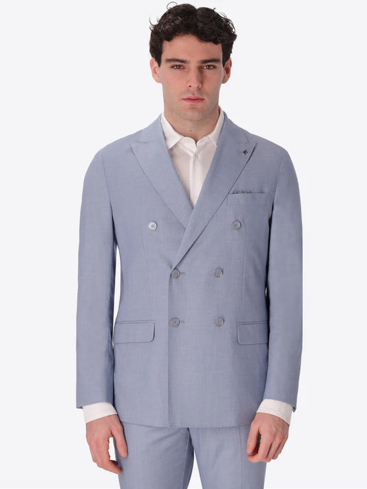 A man wearing Distretto 12 Double breasted Jacket Alabastro in sky blue