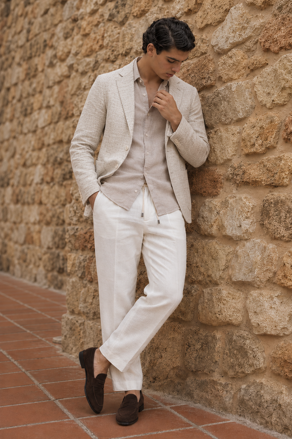 The model is wearing D12 knitted Jacket Cedro in off white, Linen Shirt Ercole in brown & Linen Certo Trousers in off white