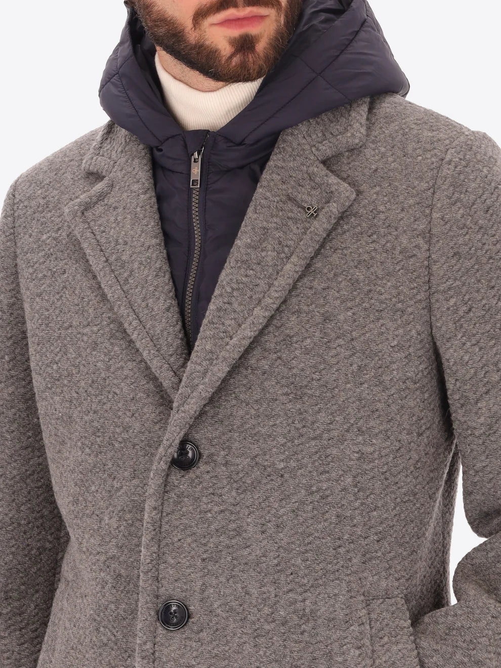 Male model wearing grey overcoat with detachable hood insert by distretto12 with close up view