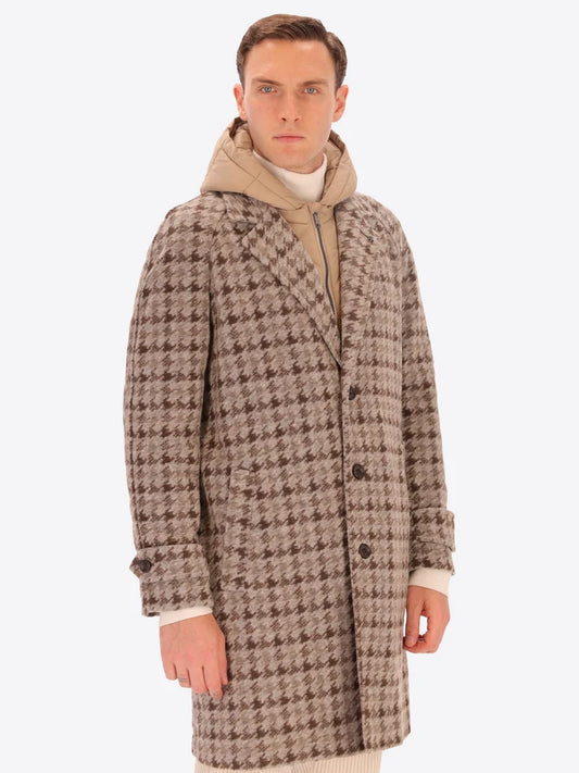 DISTRETTO 12 - WOOL RAGLAN COAT CARDIFF WITH PIED DE POULE PATTERN AND DETACHABLE HOOD