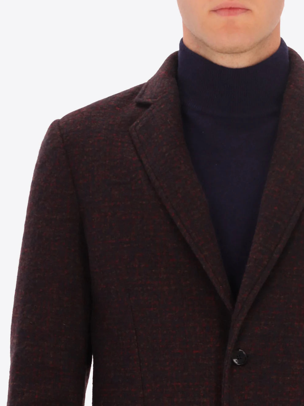 Male model wearing wool blend  jacket in maroon by distretto12 