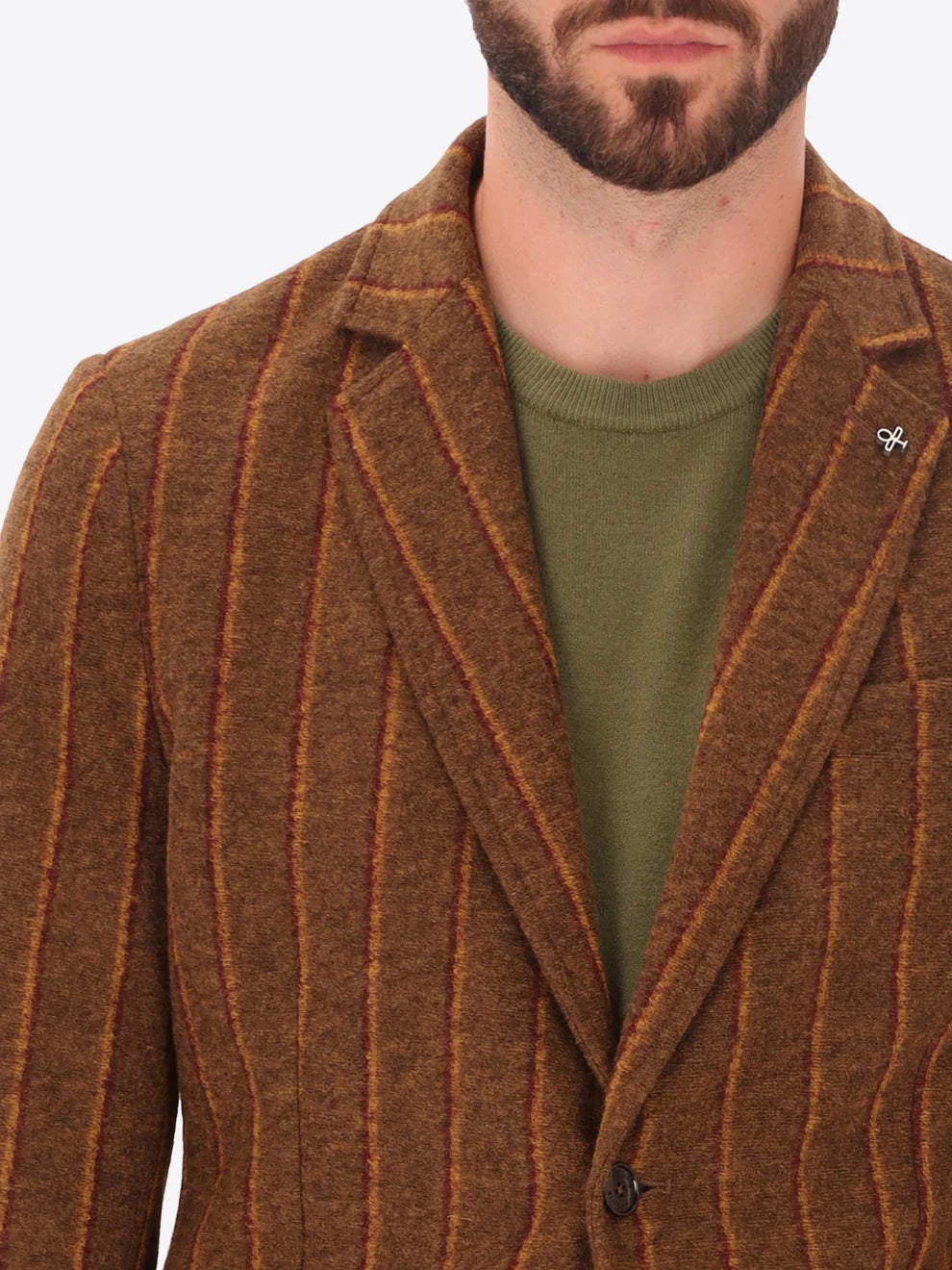 Close up picture of male model wearing wool blend striped brown jacket by distretto12 