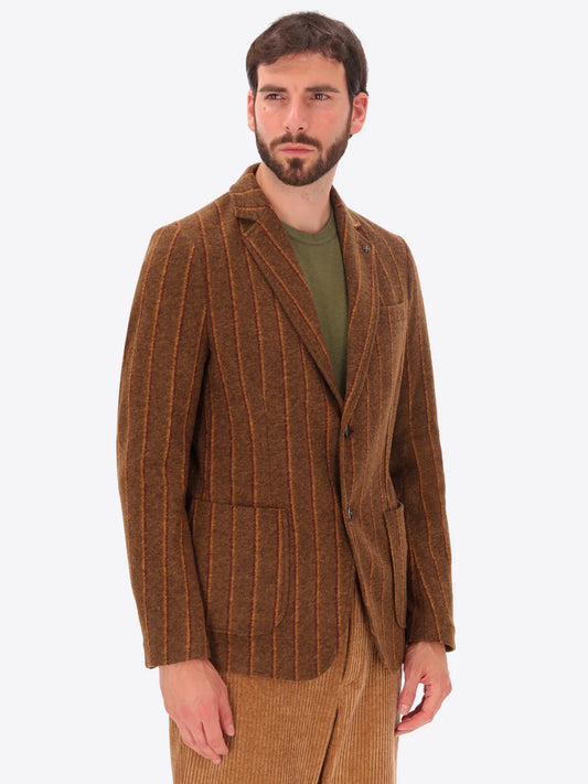 Male model wearing wool blend striped brown jacket by distretto12 