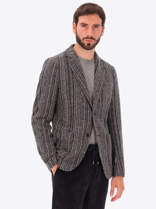 Male model wearing wool blend striped grey jacket by distretto12 