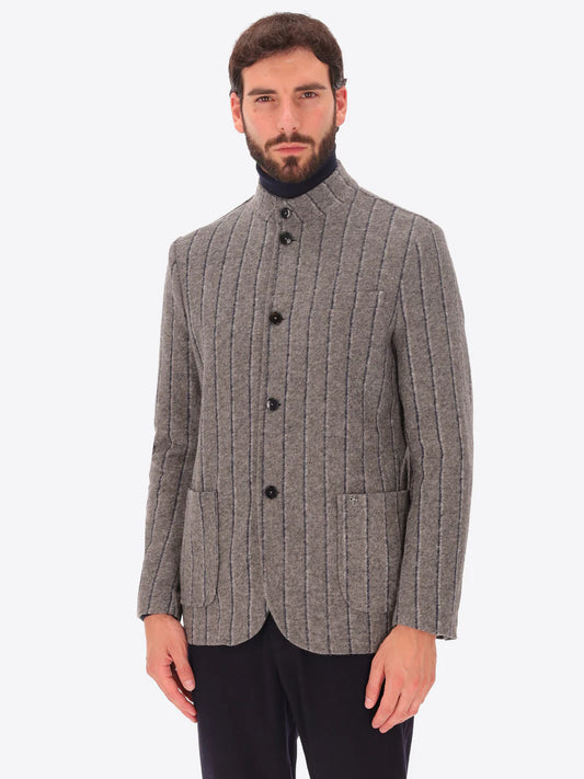 Male model wearing wool blend striped grey coreana style jacket by distretto12 