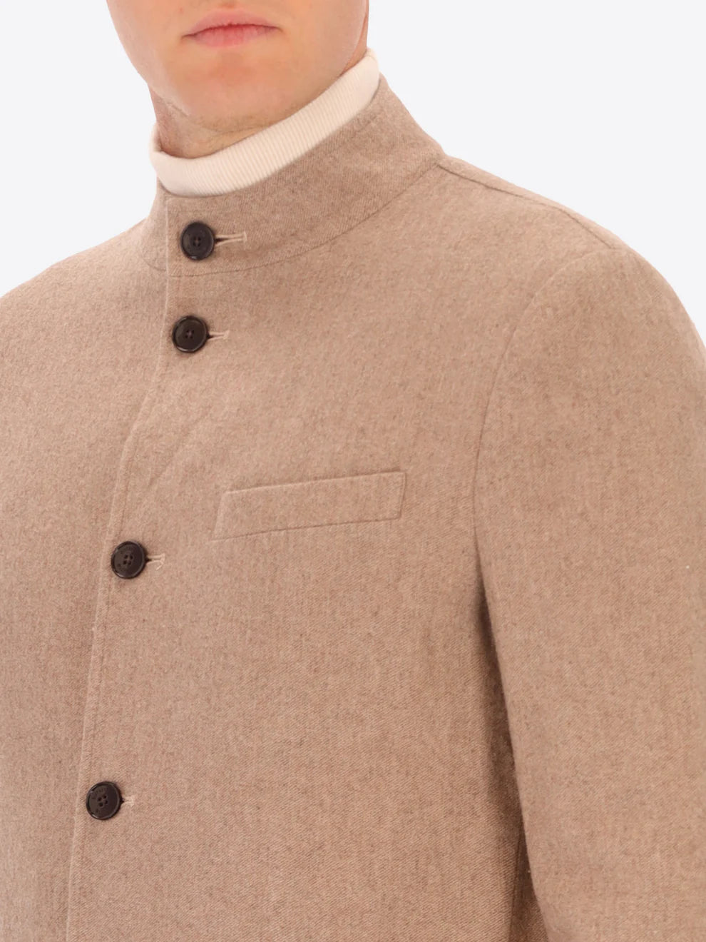 Male model wearing wool blend coreana style distretto12 jacket in dove grey showing buttons