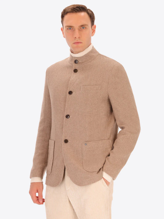 Male model wearing wool blend coreana style distretto12 jacket in dove grey