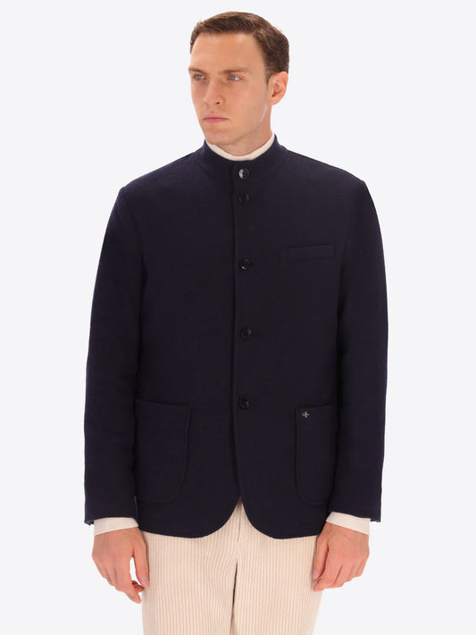 Navy knitted Distretto12 coreana jacket on a male model