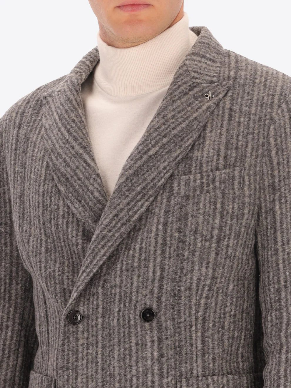 Close up of male model wearing wool blend double breasted jacket in grey by distretto12 