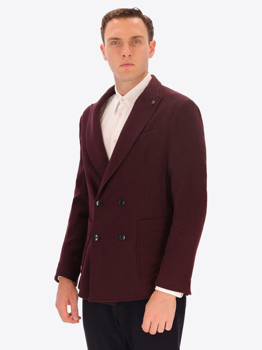 Maroon knitted wool blend Distretto12 double breasted jacket on a male model