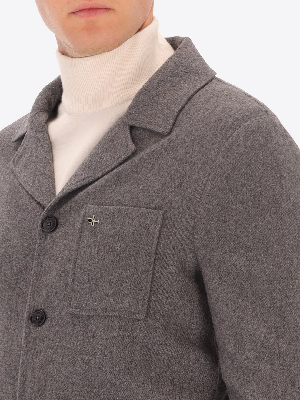 Male model wearing grey blazer by distretto12 with close up view