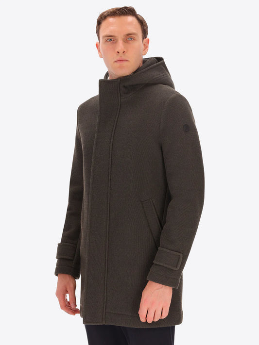 Male model wearing mud coloured parka by distretto12 