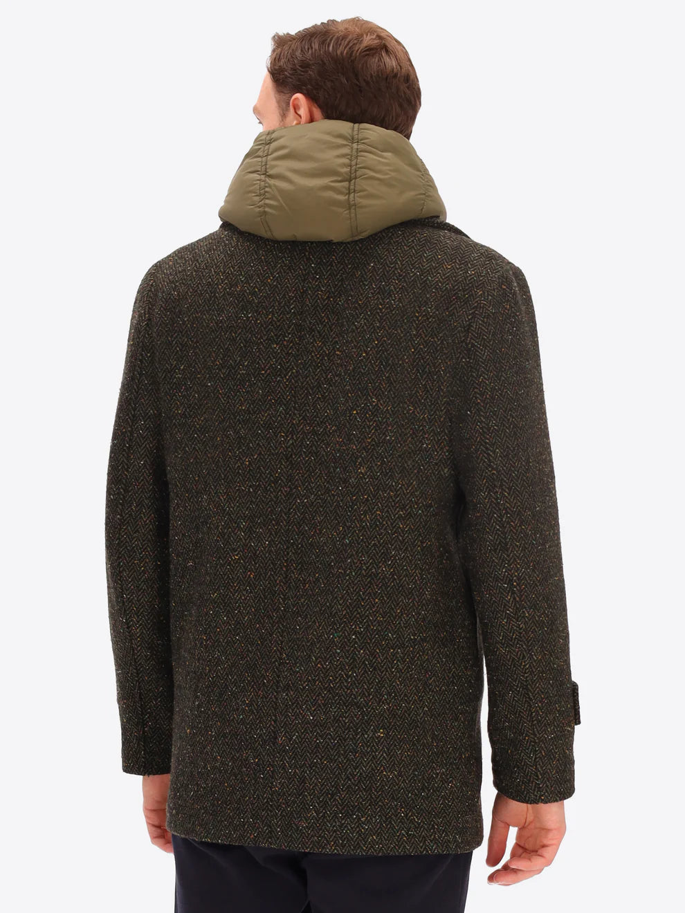 Male model wearing green peacoat with detachable hood insert by distretto12 with micro pattern with back view