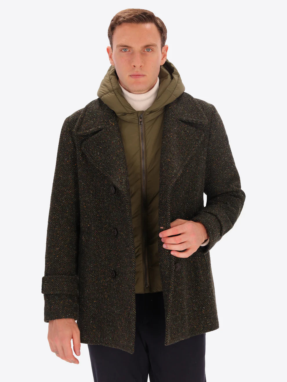 Male model wearing green peacoat with detachable hood insert by distretto12 with micro pattern with coat opened