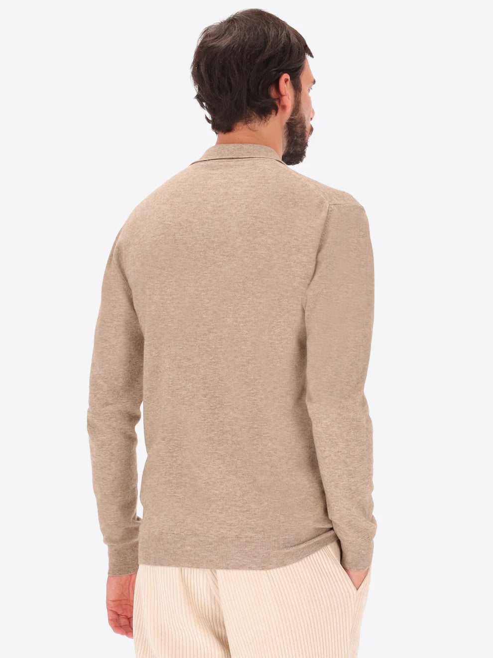 Male model wearing long sleeve polo shirt knitwear by distretto12 in mud colour with back view