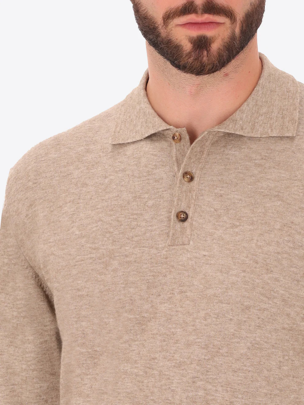 Male model wearing long sleeve polo shirt knitwear by distretto12 in mud colour with close up view